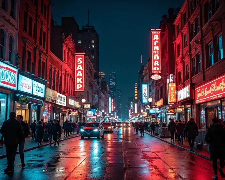 A lively urban street illuminated by neon signs and streetlights. People stroll along sidewalks, cars pass by, and the reflections of lights glimmer on the wet pavement, capturing the vibrant energy of city nightlife.