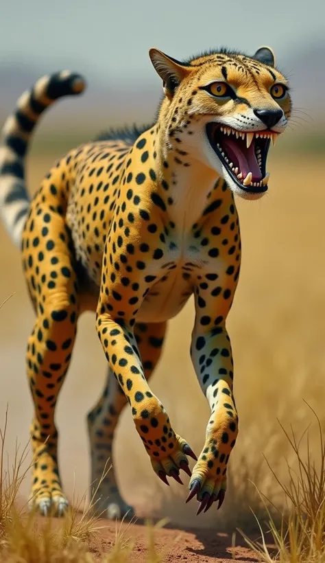 In the same savannah, now stands a terrifying hybrid—a creature born from the fusion of a velociraptor and a cheetah, embodying unparalleled speed and ferocity.

The hybrid’s body is lean and muscular like a cheetah, but covered in a mix of short fur and r...