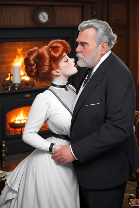 A pretty, curvy 15yo redhead Gibson Girl kissing a fat 75yo gray-haired gentleman, sitting by the fireside. Year 1904. Edwardian holidaysetting. Girl with a long Gibson Girl updo and an hourglass 50-25-60  figure wearing a green 1900_dr3ss. Large man weari...