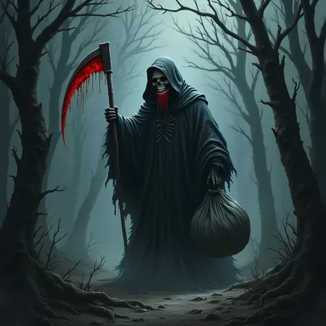 Grim Reaper as Santa Claus in the scary forest with "XP9 "-lettering in blood above