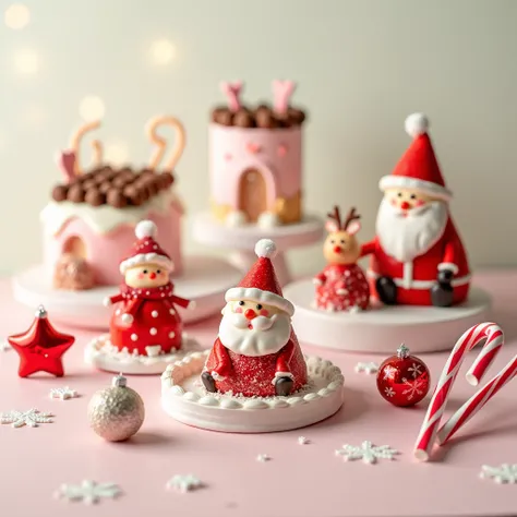  Christmas Cakes with Adorable Characters,
 Santa Claus ,  reindeer,  snowman,  Cute Designs, Red and white,  Candy Canes ,  Chocolate Roofs , Fondant , star-shaped ornament,  Snowflakes,  Light Background ,  warm atmosphere 