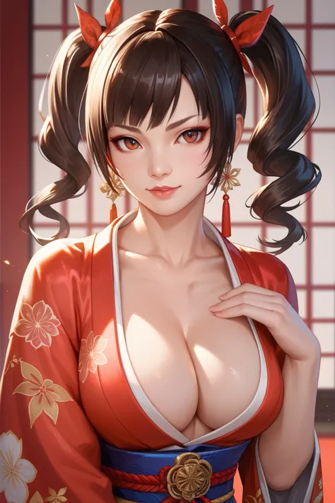 Tekken, Ling Xiaoyu, pigtails, black and red kimono, sexy, cleavage, perfect breasts, high detail, masterpiece.