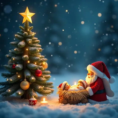  Christmas Eve ,  night,   christmas tree  , Stars and bells , and、 cute Santa Claus and cute little angel with baby Jesus decorations and light in the snow , violin, Baby cribs,  candle, ,  happiness and hope , fantastic space 