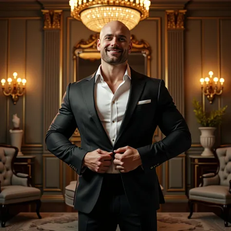 A photorealistic image, UHD, Retina, Masterpiece, Accurate, High details, High resolution, 4K. A photorealistic full-body image of a tall bodybuilder (he is about 6 feet 5 inches tall), very muscular, with real skin and real pores, smiling warmly with a sh...