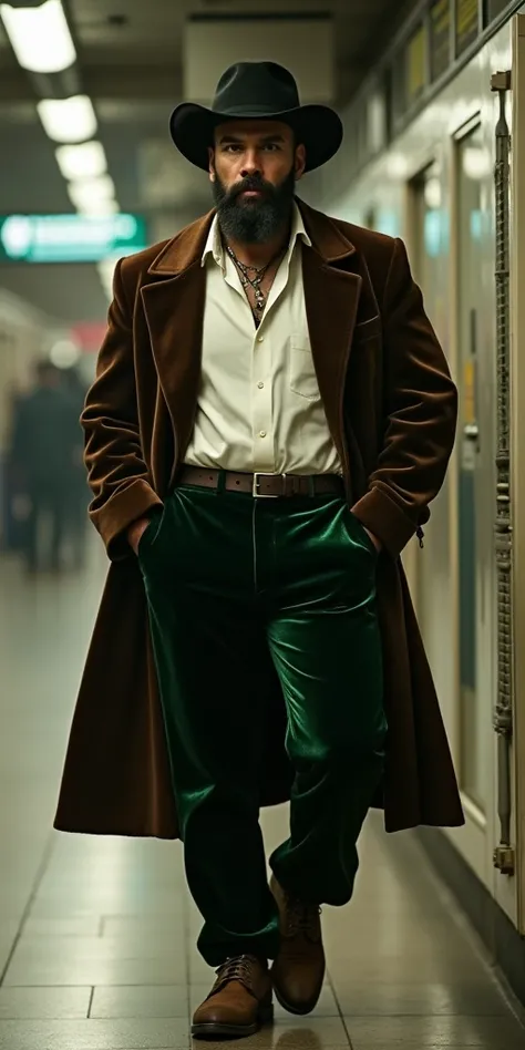 bearded man on steroids, black velvet hat, white blouse, dark green velvet pants, velvet dark brown coat, brown suede shoes, in metro station