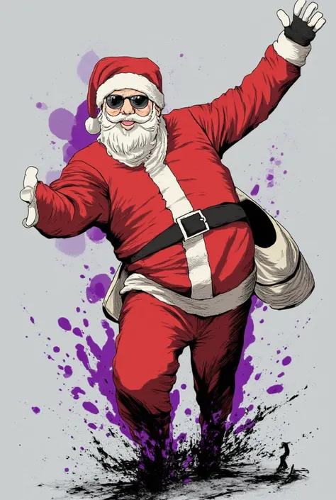 santa break dancing, in a puddle of purple black ink, grunge stained suit, laughing, realist anime, high quality, lots of dynamic movement blur, cool male santa claus