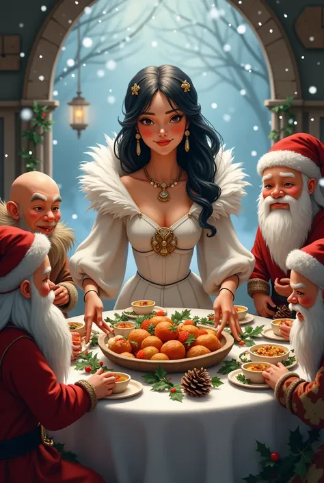 A Christmas table full of food and decorated with pine cones and holly. Around the table is Snow White wearing a large white dress made of bearskin and her long black hair is tied with a large white feather. The princess is also wearing a wooden amulet in ...