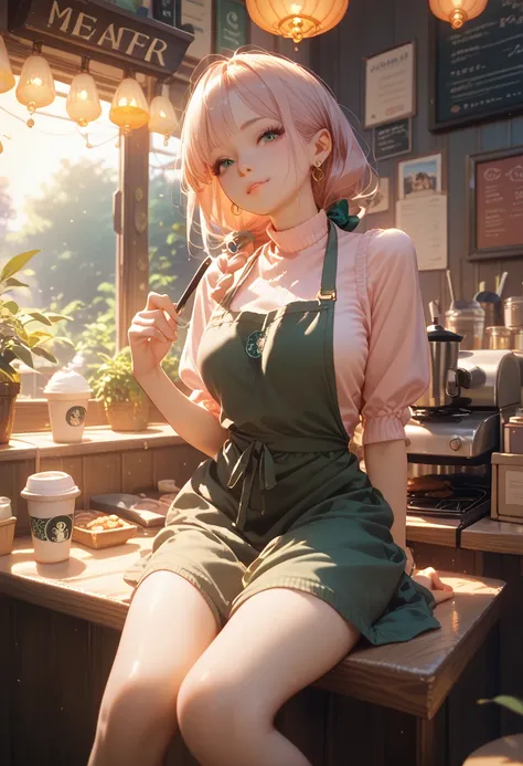 Perfect face, perfect anatomy, best quality, young woman 26 years old, pleasant and friendly, sitting at a booth in a coffee shop, bottomless under her apron, 