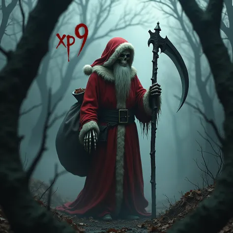 Grim Reaper as Santa Claus in the scary forest with "XP9 "-lettering above 