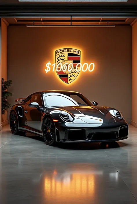 A Porsche 911 parked in a luxury garage, porsche logo on the background wall, "$100,000" in glowing golden text