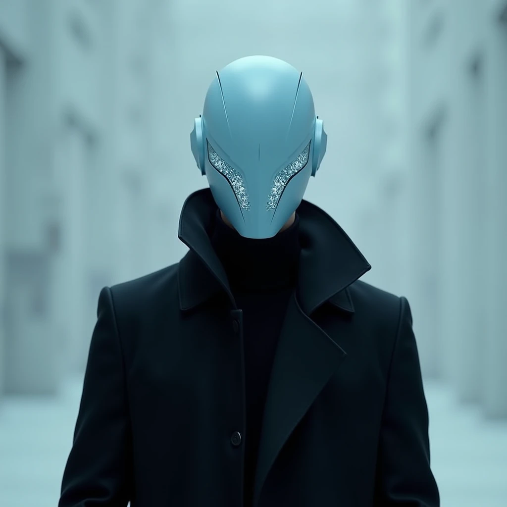  pale blue color sci-fi mask I put on my entire face,  He is wearing a black coat,