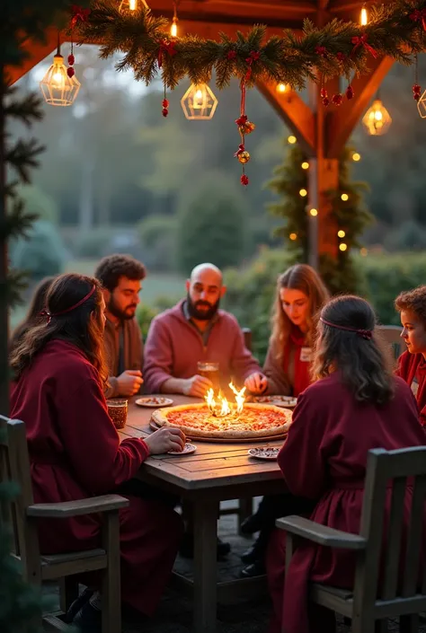  Generate a group of friends eating hot pizza in the gazebo in the allotment garden during the Christmas holidays. Have friends sit in fantasy robes and play a paper fantasy role-playing game at the same time  