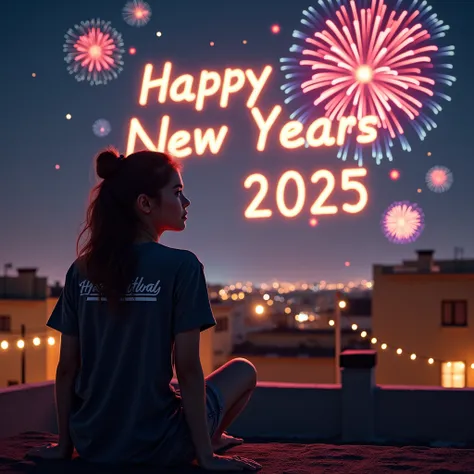 "A festive New Years Event scene with a young woman sitting on a rooftop at night, gazing at colorful fireworks in the sky. The words Happy New Years 2025 are written in glowing text amidst the fireworks. She is wearing a casual dark gray t-shirt with Alis...