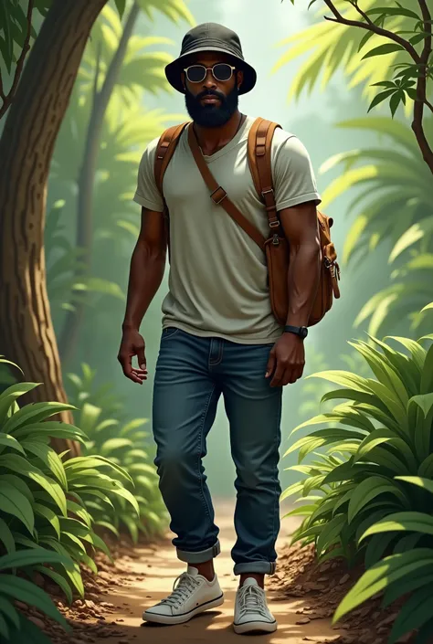  Create a character with dark skin . Tall with square shoulders .  He has a beard but no hair .
Il porte une casquette noir. Un tee-shirt et jean bleu marine. Des baskets blanches et un sac a dos marron. Il a des lunettes de soleil.
Il doit être placé en p...