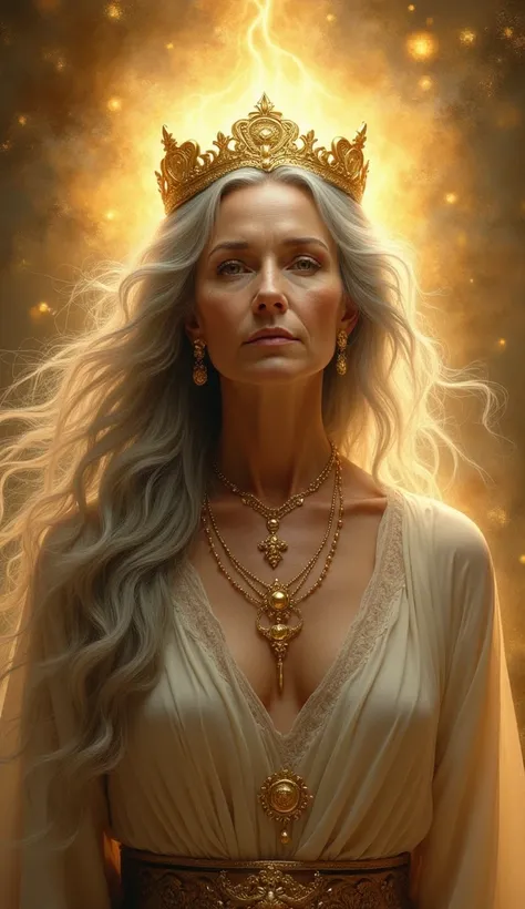 Grandma, gray hair, goddess, gold, gorgeous