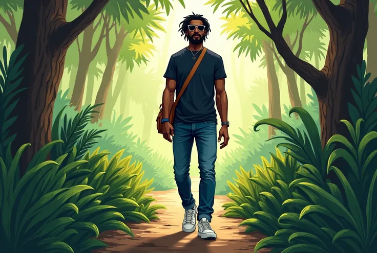  Create a character with dark skin . Tall with square shoulders .  He has a beard but no hair .
Il porte une casquette noir. Un tee-shirt et jean bleu marine. Des baskets blanches et un sac a dos marron. Il a des lunettes de soleil.
Il doit être placé en p...