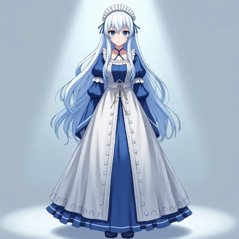 anime girl, blue eyes, very large breasts, anime style, high resolution, white hair, blue hair, blue and white in a medieval long dress, dress from medieval anime, blue tights, blue womens moccasins, blue maid, standing tall