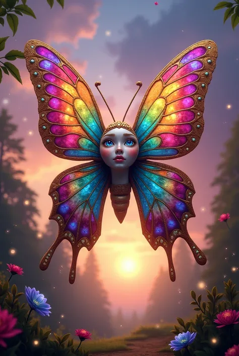 "A gigantic butterfly with the face of a , hovering in a magical sunset scene. Its wings are enormous, vibrant, and full of shimmering colors, with intricate patterns resembling stained glass. Small, various precious stones such as sapphires, rubies, emera...