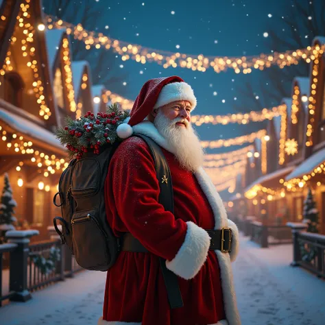 Santa Claus illuminations、 beautiful、 glittering 、Highly detailed images、 realistic texture 、 night view