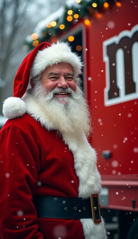 A hyper-realistic image of a kind and cheerful Santa Claus, shown from the waist up, close to the camera. Santa is wearing his traditional red suit with white fur trim and a black belt, his face warm and inviting with a twinkle in his eyes and a gentle smi...