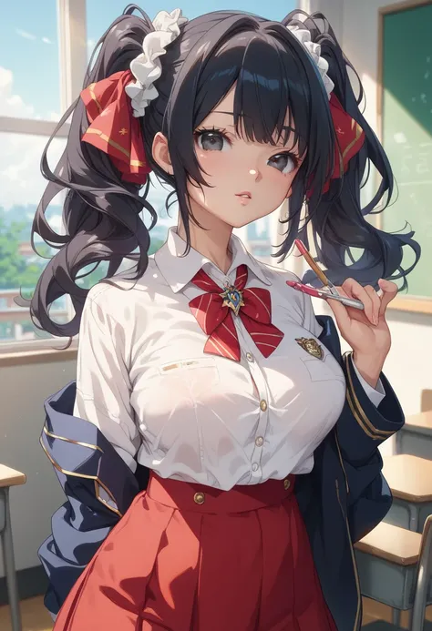 ( top quality , masterpiece, 8k:1.2),Light blue scrunchie，  rating explicit,  1 girl,   high res， very aesthetic， glossy skin， Beautiful Eyes， beautiful， College Student ，uniform， red ribbon ， WHITE SHIRT，( black hair)， black eyes，low twintails，bangs，Japan...