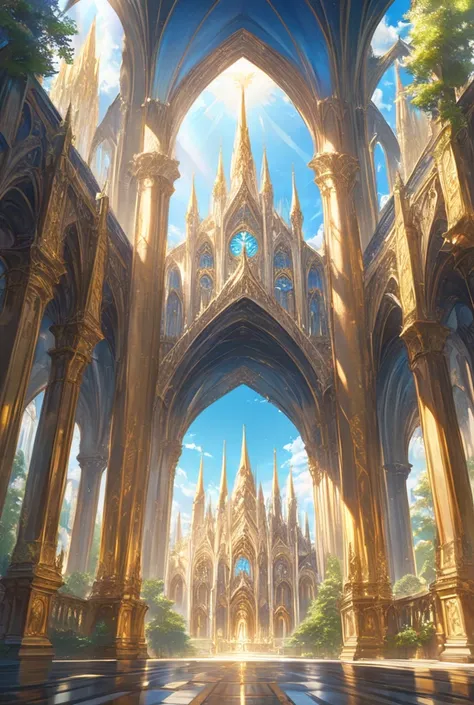 (Fantasy world),　

"Golden royal city with majestic architecture, centered around a massive glowing Erdtree. Ornate golden buildings with intricate carvings, wide streets lined with statues of knights, and a grand cathedral. Bright sunlight filters through...