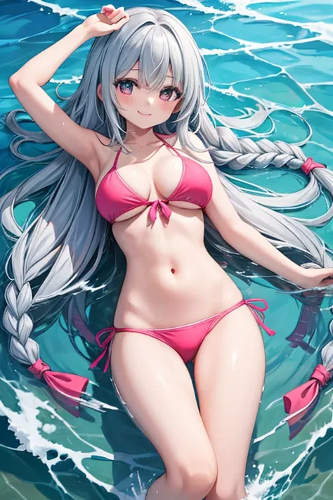 1 girl, best quality, masterpiece, ultra high res, cute, pink bikini, tie-site bikini, (navel:1.2), midriff, bare stomach, gigantic breasts, long hair, braid, floats on water, on back, smile, closed mouth,sea,