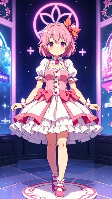  cartoon girl in pink dress and white shoes, Madoka Kaname,  Touhou Characters ,, Sakura Kinomoto,  Rune Factory 5 art style , Clear costume design, April Rendering,  visual novel sprite , Anime style 3D, From desire,  vtuber full body model ,  cute 3d gir...