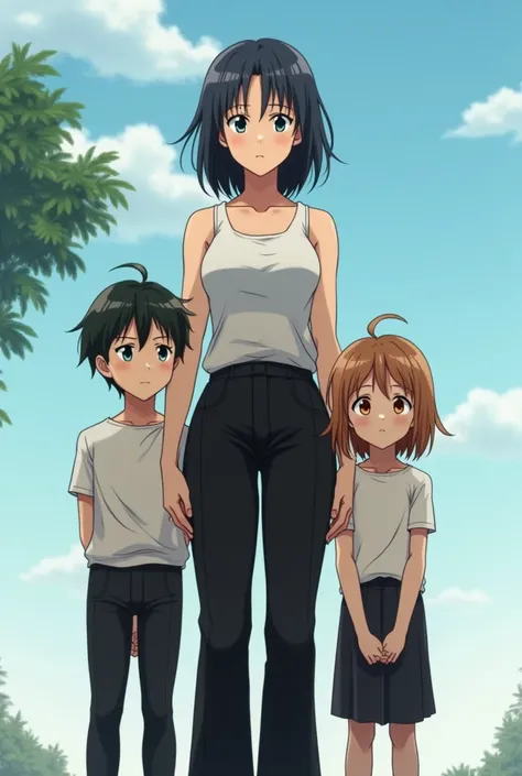  45 year old woman ,  with his 19-year-old daughter , with his 14-year-old son ,  sleeveless shirt, long black pants ,  hands behind the back,anime, walking