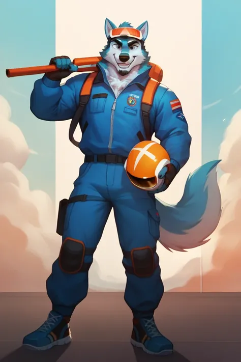 A Masterpiece, Anthro, wolf, wearing a fighter pilot flight suit, holding a flight helmet with a visor and mask, standing to a F-16C block-52 Fighting Falcon, Smile, Makeup, Facial Hair, Happy, 