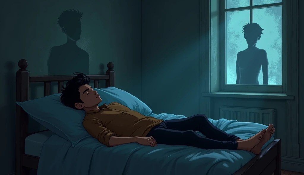 Arjun a 24 years old boy brown shirt and black pant , sleeping in the old mension s in a dark room in night and ghost shadows moving on in wall 2D ANIMATED STYLE. 