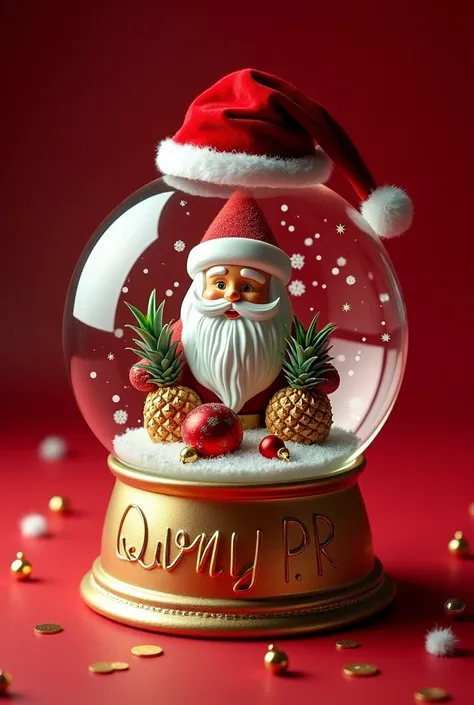  “Creating a Christmas image with the name Jhony P . R.in it .  The image must have a gold snow globe with a red background and Santa Claus wearing a Christmas hat.  Inside the snow globe there must be a Christmas tree , pineapples and ornaments .  The nam...