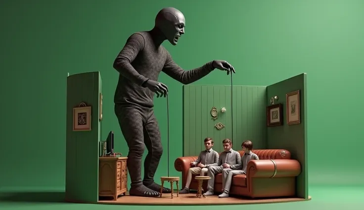 a 2d scene with 3D human characters  standing in a miniature room sitting on a couch  while being puppet controlled by another giant human being with a blank green background