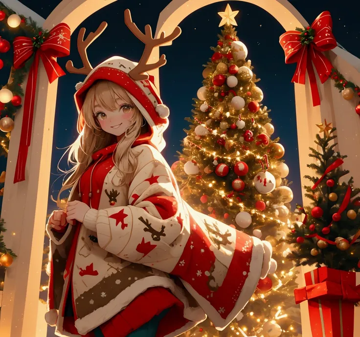 A warm photo of 1 girl , Smile,  Christmas oversized hoodie ， decorated with a reindeer pattern , Woven hat ,sunglasses,  standing in front of a beautifully decorated Christmas tree,  Capture the essence of Christmas ,  top quality , masterpiece,  Ultra Hi...