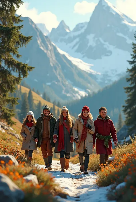  Group of people walking in the mountains, without snow and celebrating Christmas 