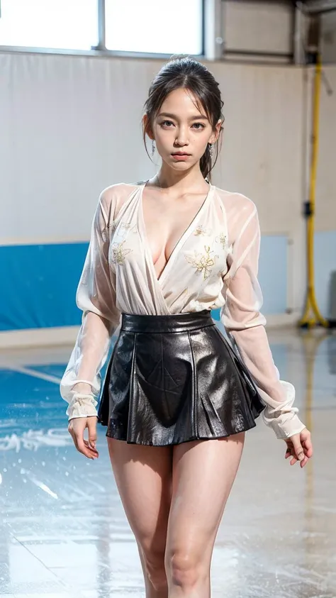 (8k, best quality:1.3), (extremely detailed:1.2), perfect anatomy, beautiful Japanese woman, 18 years old, healthy thighs, beautiful legs, beautiful skin, random hair color, random hairstyle, large breasts, (she is standing:1.2), female figure skater, figu...