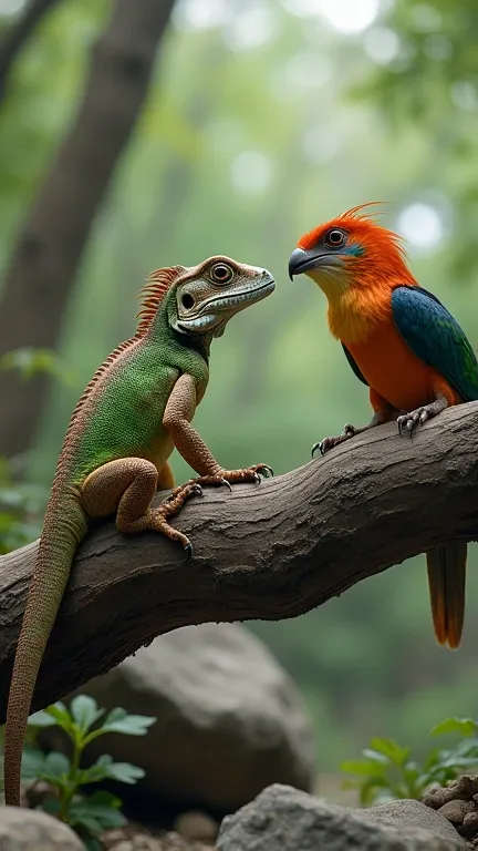 "Create an image of a lizard and a bird facing each other, positioned on a tree branch with rocks and trees in the background. The lizard has scaly green and brown skin, sharp claws, and a long, scaly tail. The bird has vibrant feathers, a sharp beak, and ...