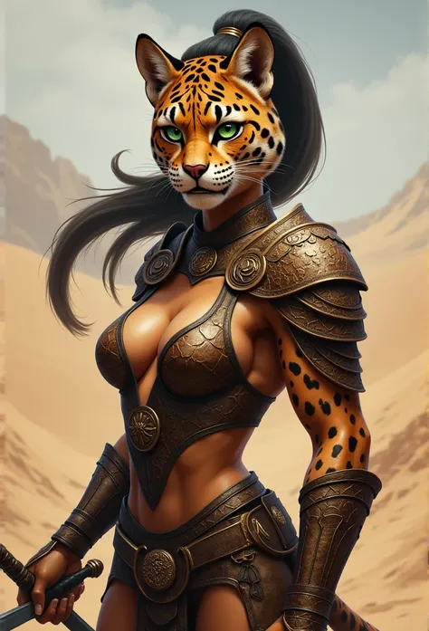 anthropomorphic, Jaguar, Female, green colored eyes, Hair tied in a ponytail, Brown, In Dragon Armor, portraite of a, against the backdrop of the desert, grinning, Holds a sword in his paw, great quality