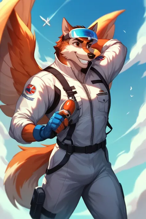 A Masterpiece, Anthro, wolf, wearing a fighter pilot flight suit, holding a flight helmet with a visor and mask, standing to a F-16C Fighting Falcon jet fighter, Smile, Makeup, Facial Hair, Happy, 