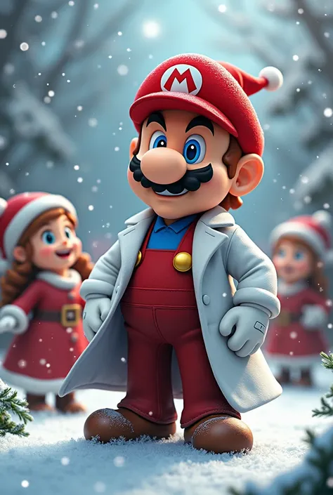  Just a Mario Bros in a dark wine suit, doctors white coat, Santa hat, Lyrics of " Merry Christmas "  with happy people and ren,  All about Christmas and snowy  