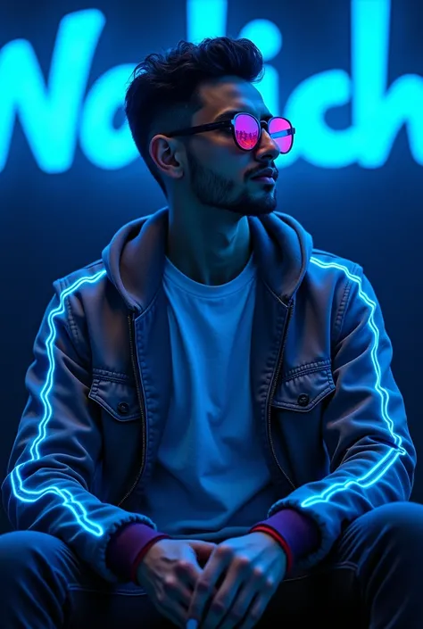 Create a 3D illusion for a profile picture where a handsome 20 year old young man with sunglasses and a t-shirt covered with a blue lightning jacket and wearing a tie sits relaxed on a helicopter fantasy. With HandPanch hand blue neon light. And a fierce W...