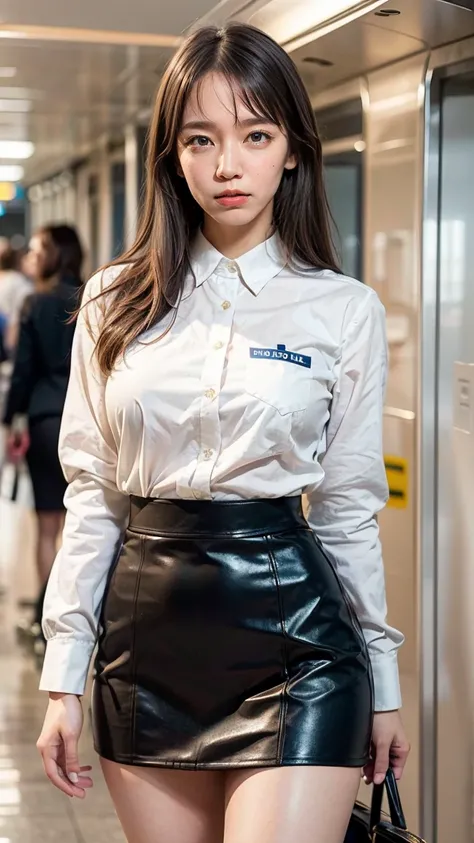 A beautiful, 24-year-old Japanese woman with perfect anatomy, healthy thighs, beautiful legs, beautiful skin, random hair color and style, large breasts, (wearing a flight attendant uniform with a mini-skirt:1.3), (she is standing:1.2), full body shot, pum...