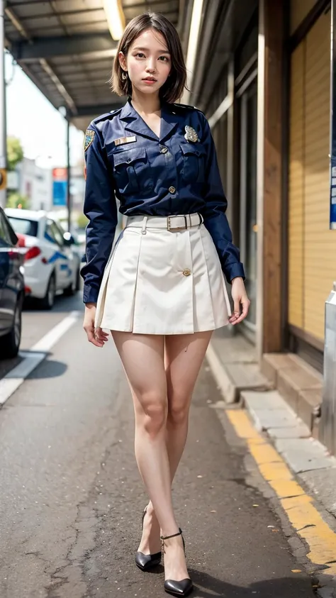 beautiful Japanese woman, 22 years old, perfect anatomy, healthy thighs, beautiful legs, beautiful skin, random hair color, random hairstyle, large breasts, female police officer, (Japanese police uniform:1.3), (miniskirt:1.3), (she is standing:1.2), full ...