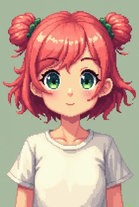  Pixelart from 21 year old girl ,  short pink hair in two tails above her shoulders.  small green eyes with eyelashes .  wears a white t-shirt . In the style of Stardew Valley 