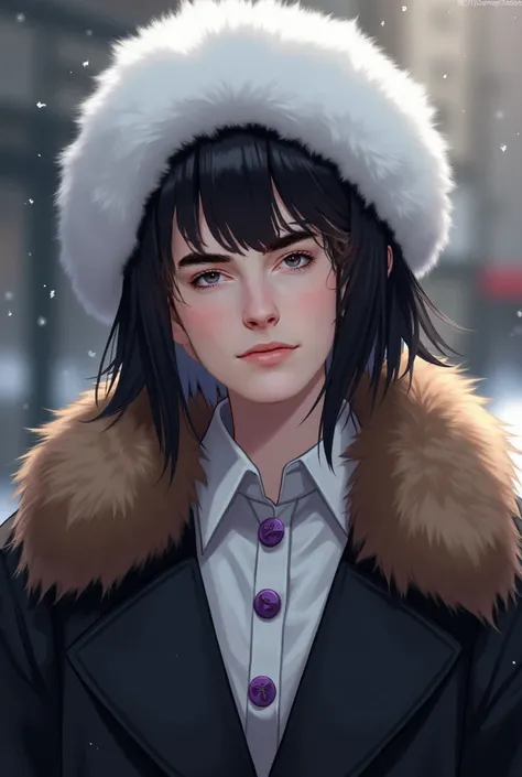  The model is wearing a white Ushanka hat and has black hair , hunter eyes,  attractive face and purple eyes with a white shirt and purple buttons and a black coat with brown fur on her shoulders. His hair is up to the neck and he has bangs  