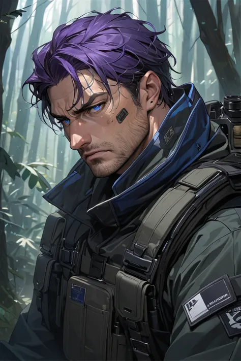 masterpiece, a man in his late thirties, rich, ear length, messy, purple hair, cerulean blue eyes, patches of stubble, looks tired with a stern expression, mature looking, dark colored tactical gear, in a dark, dense forest 