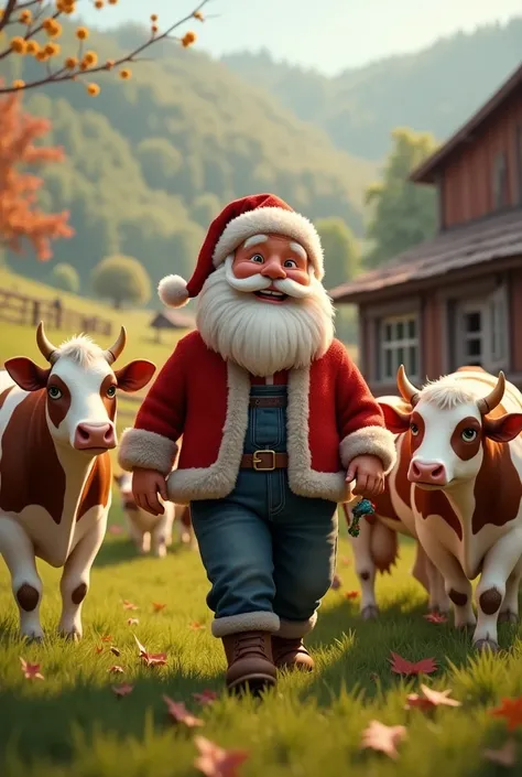 Farmer Noel on the farm and surrounding cattle happy with the holidays