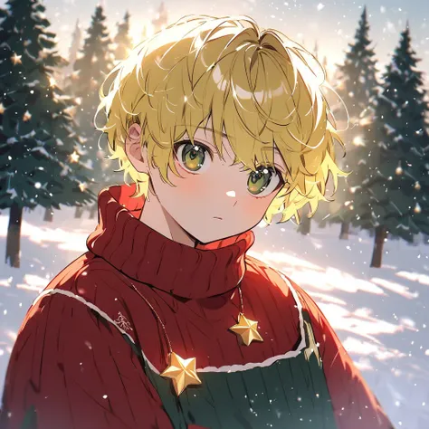 Xmas, Young boy, Beautiful light, Snow background,  Red Green Sweater, Yellow hair, Pine Tree With Star Ornament 