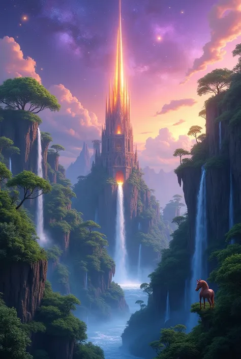 “A breathtaking fantasy world with floating islands, lush green forests, and cascading waterfalls. A glowing crystal tower rises in the center, surrounded by magical creatures like unicorns and dragons. The sky is a gradient of purple and orange, filled wi...