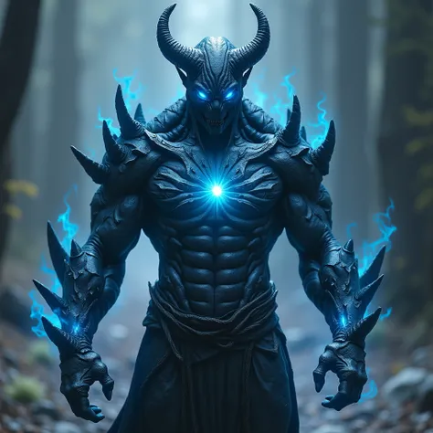 A shielded skin unknown creature with cuts all over his body glowing blue with horns on his head and a core in the middle of his chest lighting his eyes are small but you can see the rage in him due to his arms generating weapons to use his skin looks and ...